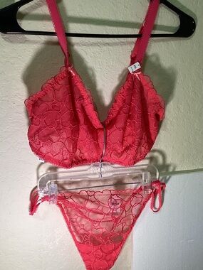 PINK Victoria's Secret Red Heart Lace Bralette & Tie-Side Thong